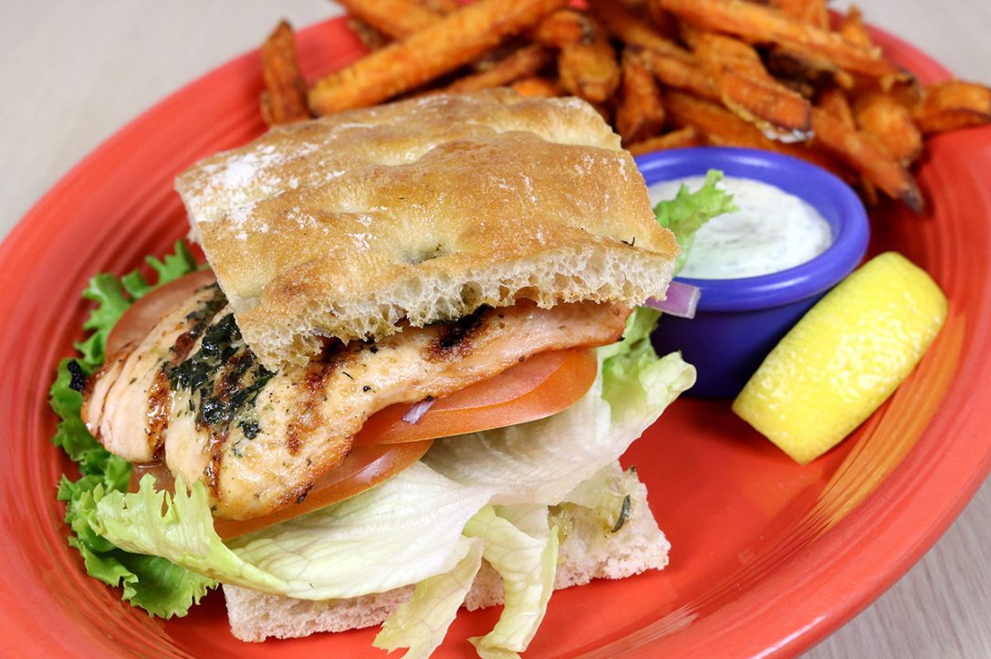 Grilled Salmon Sandwich with Sweet Potato Fries - Fresh Off The Hook, Boise, Idaho
